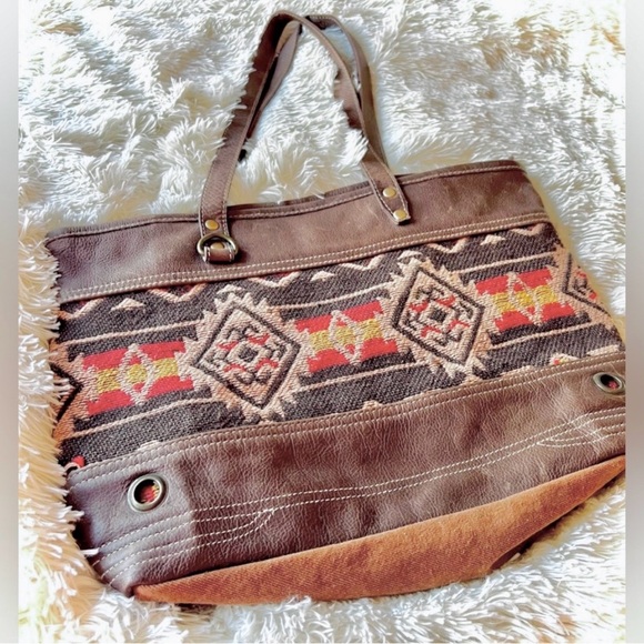 Myra Bag Handbags - Myra Bag Brown Tote with Aztec-Inspired Red & Cream Accents